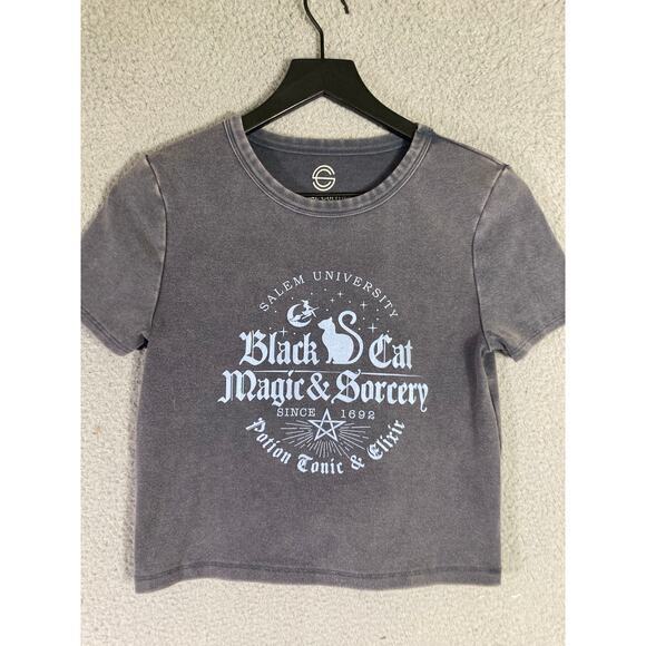 Girls Juniors XL Black Cropped Halloween Graphic Tee Spooky Magic T-Shirt Top - Picture 4 of 6